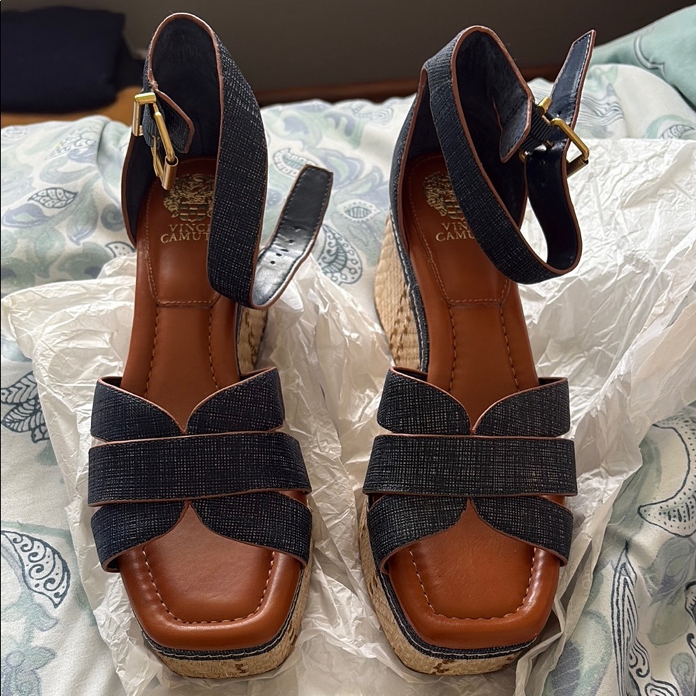 Vince Camuto Black and Brown Espadrilles with Ankle Straps